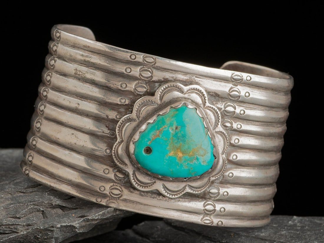 Wide Navajo Cuff Bracelet, with Drilled Turquoise Stone (1 of 2)