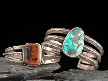 Navajo Silver Cuff Bracelets with Inlay