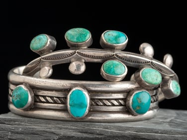 Pair of Navajo Silver and Turquoise Cuff Bracelets