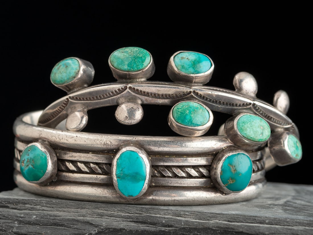 Pair of Navajo Silver and Turquoise Cuff Bracelets (1 of 2)