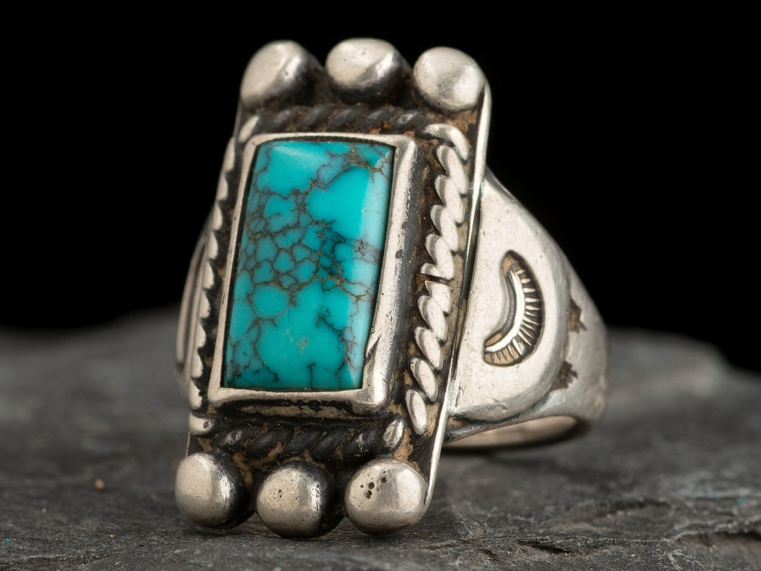 Fred Peshlakai (Diné, 1896-1975) Silver and Lone Mountain Turquoise Ring (1 of 2)