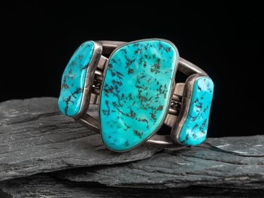 Tom Burnsides (Diné, act, 1920s-1940s) Heavy Silver and Turquoise Cuff Bracelet