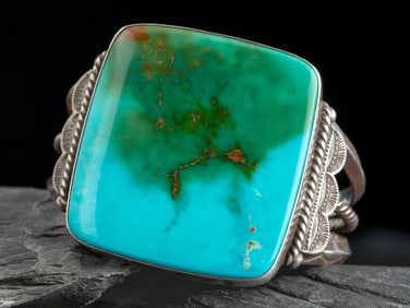 Large Navajo Silver and Blue Gem Turquoise Cuff Bracelet