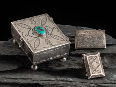 Navajo Silver and Turquoise Lidded Box AND Stamped Silver Pill Boxes