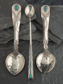 Navajo Silver and Turquoise Salad Flatware Set and Cocktail Spoon