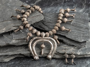 Navajo Silver Squash Blossom Necklace and Hook Earring Set