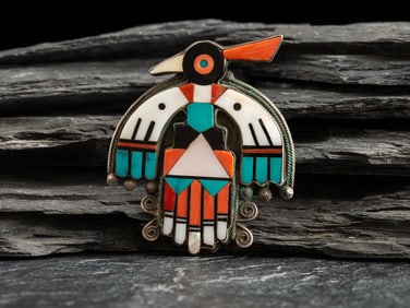 Lambert Homer, Sr., Attributed (Zuni, 1917-1972) Silver and Mosaic Inlay Thunderbird Pin/Brooch