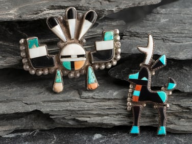 Zuni Mosaic Inlay Sun Face and Deer/Antelope Pin