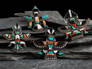 Zuni Silver and Mosaic Inlay Knifewing Pins / Brooches