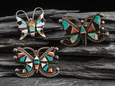 Zuni Silver and Mosaic Inlay Butterfly Pins/Brooches