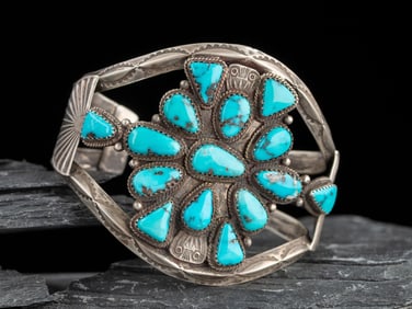 Navajo Silver and Turquoise Cluster Cuff Bracelet