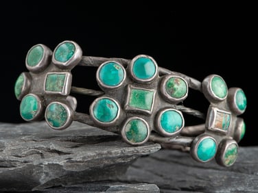 Navajo Silver and Turquoise Cluster Cuff Bracelet