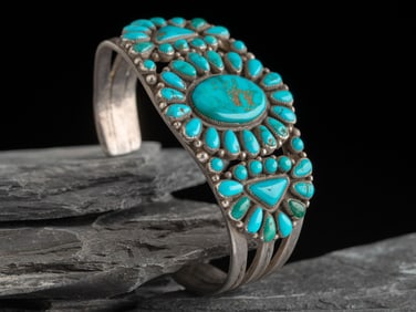 Navajo or Zuni Petit Point Turquoise Cluster Cuff Bracelet