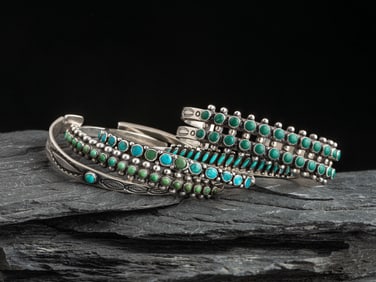Navajo or Zuni Silver and Petit Point Turquoise Cuff Bracelets