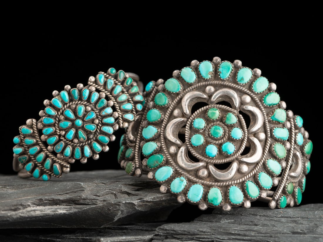 Zuni Petit Point Turquoise Cluster Cuff Bracelets (1 of 2)