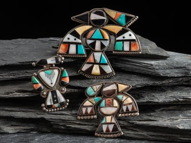 Unique Zuni Silver and Mosaic Inlay Thunderbird Pins/Brooches