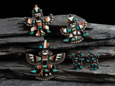 Zuni Mosaic Inlay Knifewing Pins and Rainbow Man Screwback Earrings