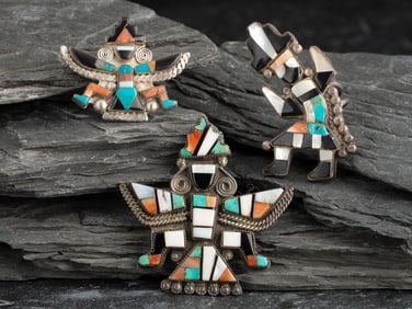 Zuni Mosaic Inlay Rainbow Man Ring and Knifewing Pins