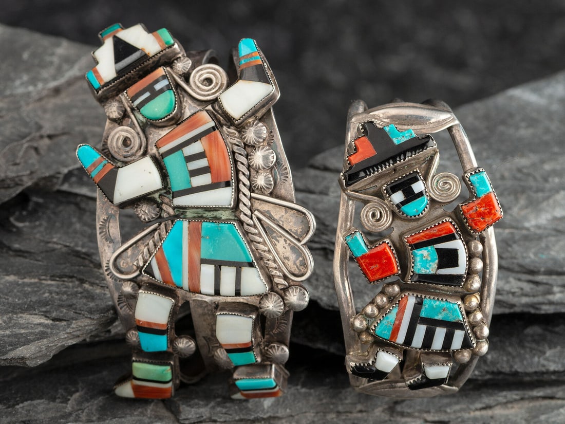 Zuni Silver and Mosaic Inlay Rainbow Man Cuff Bracelets (1 of 2)