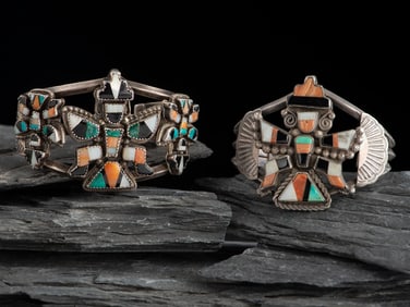 Pair of Zuni Silver and Mosaic Inlay Knifewing Cuff Bracelets