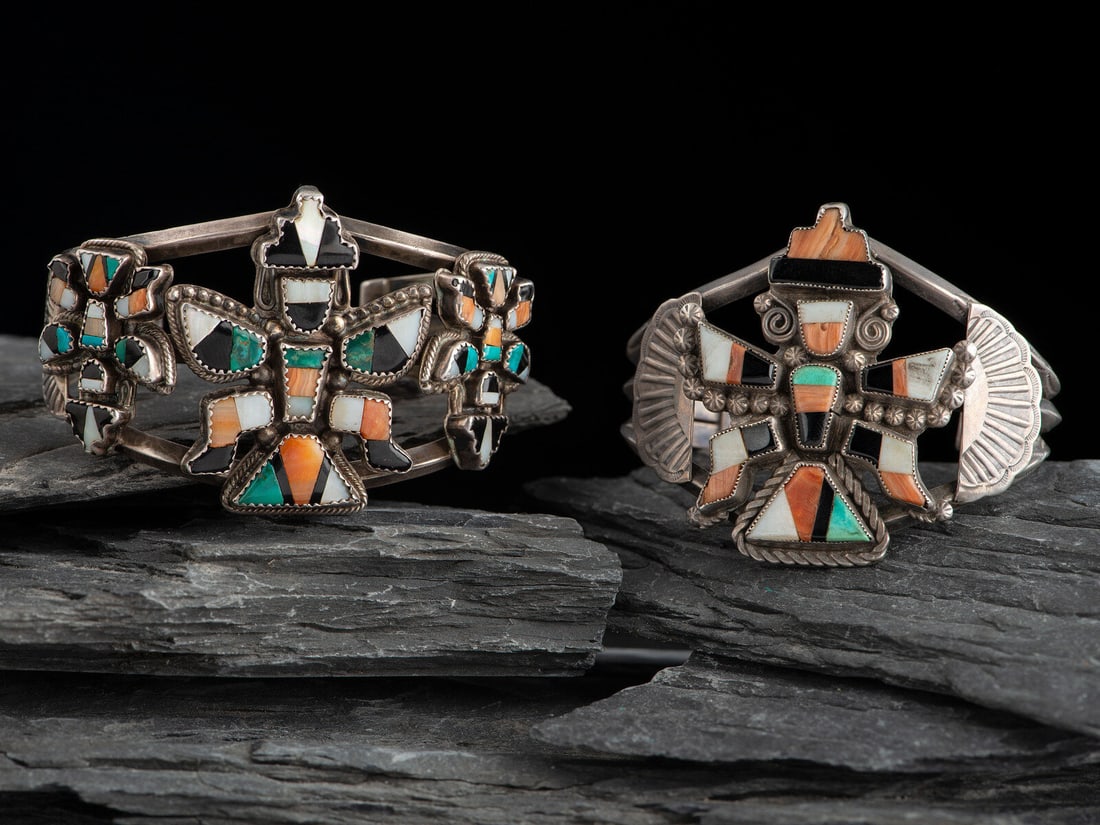 Pair of Zuni Silver and Mosaic Inlay Knifewing Cuff Bracelets (1 of 2)