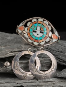 Zuni Sunface Cuff Bracelet AND Navajo Silver Earrings