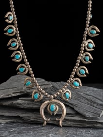 Navajo Silver and #8 Turquoise Squash Blossom Necklace