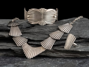 Kenneth Begay  (Diné, 1913-1977) Sterling Silver Necklace, Cuff Bracelet, and Ring