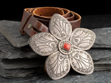 Large Navajo Stamped Silver and Jasper Floral Belt Buckle
