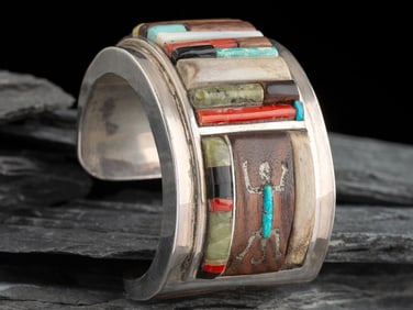 Les Baker  (Shop, 1935-2014) Southwestern-style Wide Silver and Cobblestone Inlay Cuff Bracelet