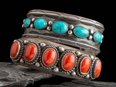 Navajo Coral and Turquoise Cuff Bracelets