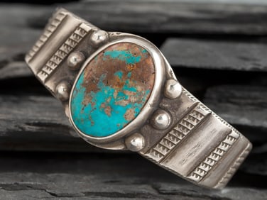 Navajo Ingot and Turquoise Cuff Bracelet