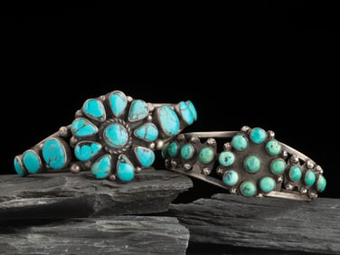 Navajo Silver and Turquoise Cluster Cuff Bracelets