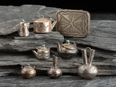 Elizabeth Margret Whitman (Diné, act. since 1970s)  Sterling Silver Miniature Tea Set, PLUS
