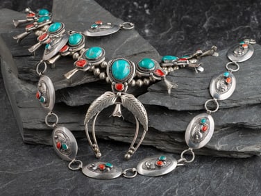 Navajo Silver, Coral, and Turquoise Squash Blossom Necklace and Link Concha Belt