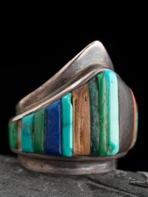 Charles Loloma  (Hopi, 1921-1991)  Silver and Cobblestone Inlay Shield Ring