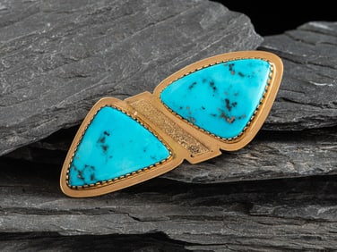 Gail Bird and Yazzie Johnson  (Diné, b. 1946 / 1949) 18K Gold and Morenci Turquoise Pin /
