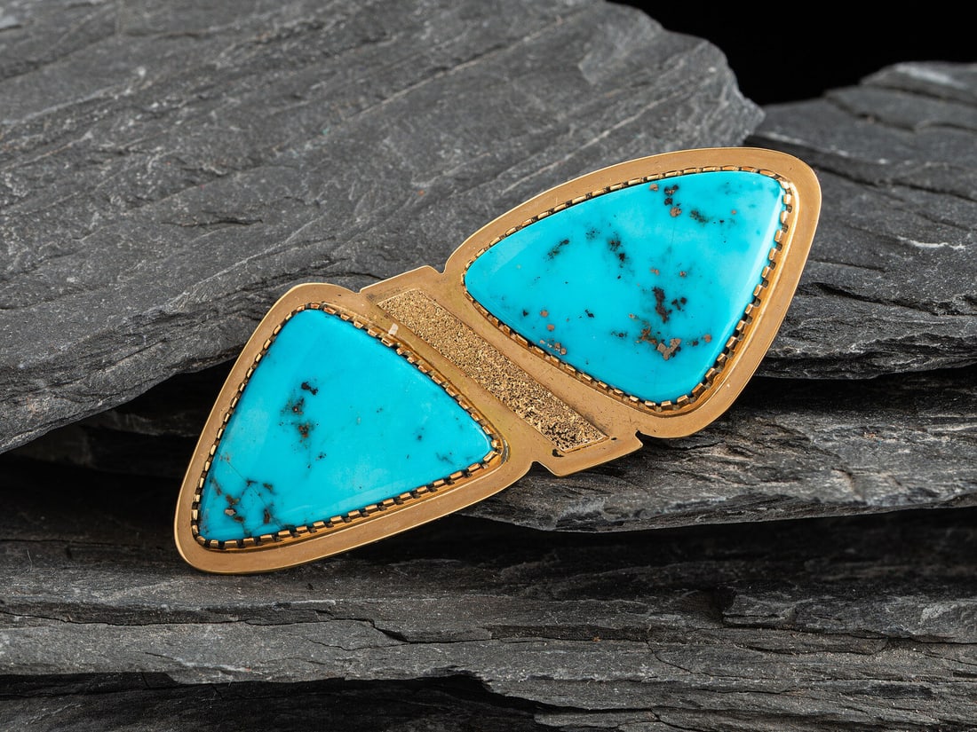 Gail Bird and Yazzie Johnson  (Diné, b. 1946 / 1949) 18K Gold and Morenci Turquoise Pin / (1 of 2)