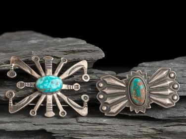 Harry Morgan (Diné, 1946-2007) Pair of Silver and Turquoise Pins/Brooches