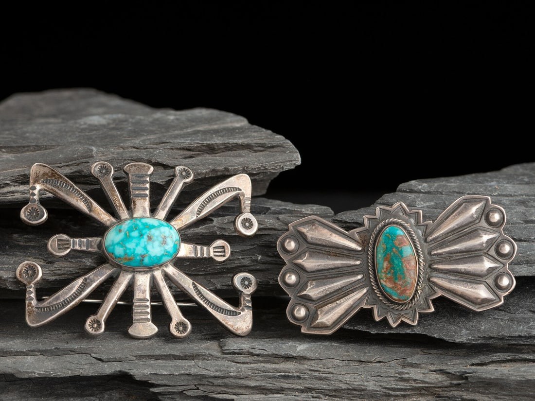 Harry Morgan (Diné, 1946-2007) Pair of Silver and Turquoise Pins/Brooches (1 of 2)