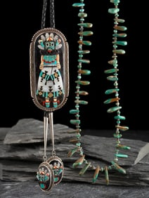Beverly Etsate (Zuni, act. since 1970s) Large Mosaic Inlay Shalako Bolo Tie, PLUS