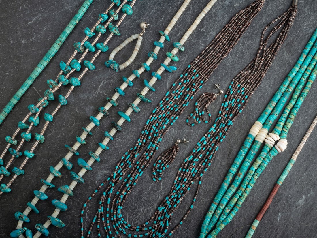 Pueblo and Southwestern-style Necklaces: Pueblo and Southwestern-style Necklaces third quarter 20th century lot of 8, includes: three-strand necklace strung with turquoise nuggets spaced with heishi; not marked length 29 inches, weight 53.6