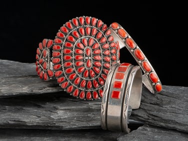 Navajo Silver and Coral Cuff Bracelets