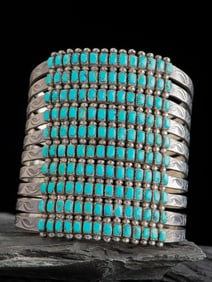 Navajo or Zuni Wide Petit Point Turquoise Cluster Cuff Bracelet