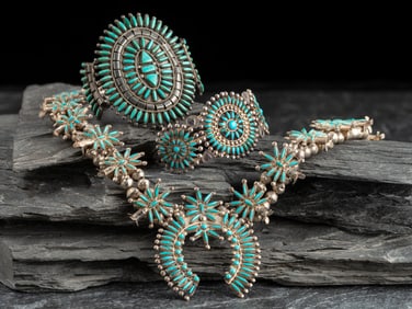 Zuni Silver and Petit Point Turquoise Squash Blossom Necklace and Cuff Bracelets