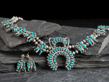 Zuni Silver and Turquoise Cluster Squash Blossom Necklace and Earrings