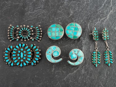 Zuni Silver and Turquoise Earrings and Pins/Brooches