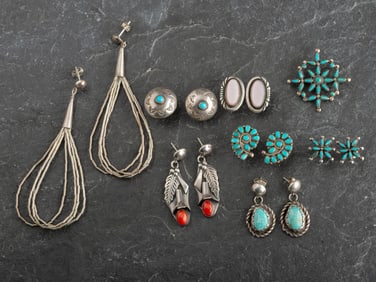Group of Navajo and Zuni Earrings and Pin