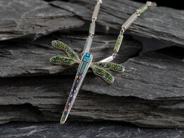 Carl and Irene Clark (Diné, b. 1952 / b. 1950) Sterling Silver Micro Mosaic Dragonfly Pendant,