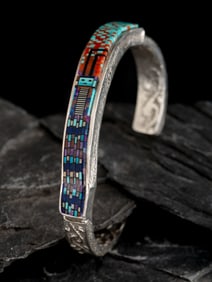 Carl and Irene Clark (Diné, b. 1952 / b. 1950) Sterling Silver and Figural Micro Mosaic Cuff